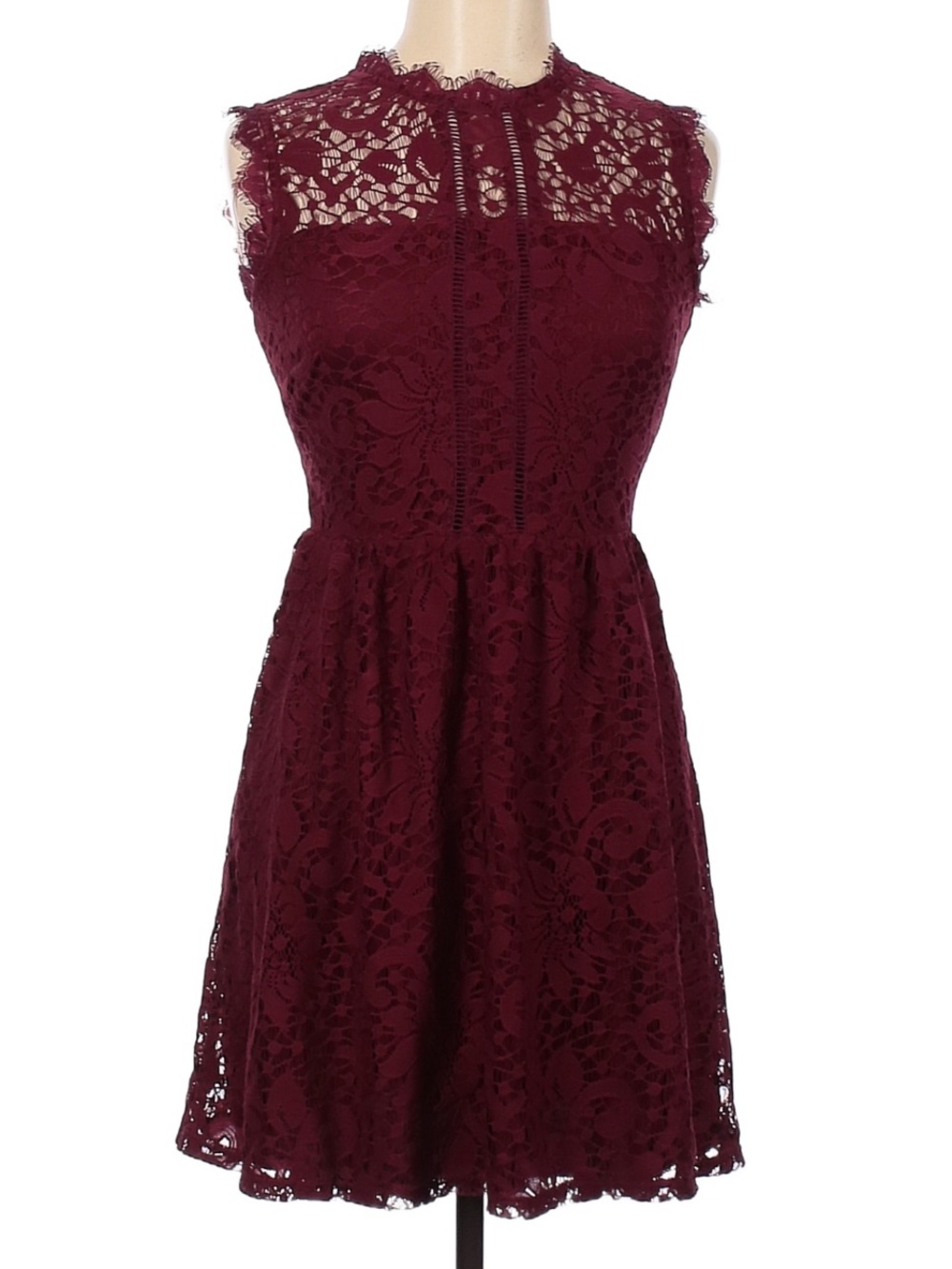 Burgundy Lace Fit & Flare Dress M Sleeveless Romantic Cocktail Mini
